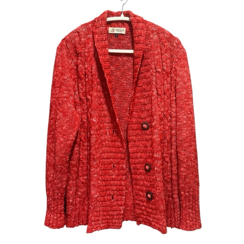 Genoa Vintage Chunky Wool Blend Cardigan Wood Buttons Preppy Sz L Fall